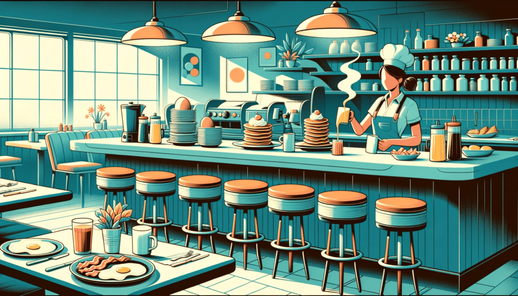 Illustration in a horizontal format depicting a vibrant diner scene. A counter with stools has plates serving eggs bacon and stacks of pancakes. A w