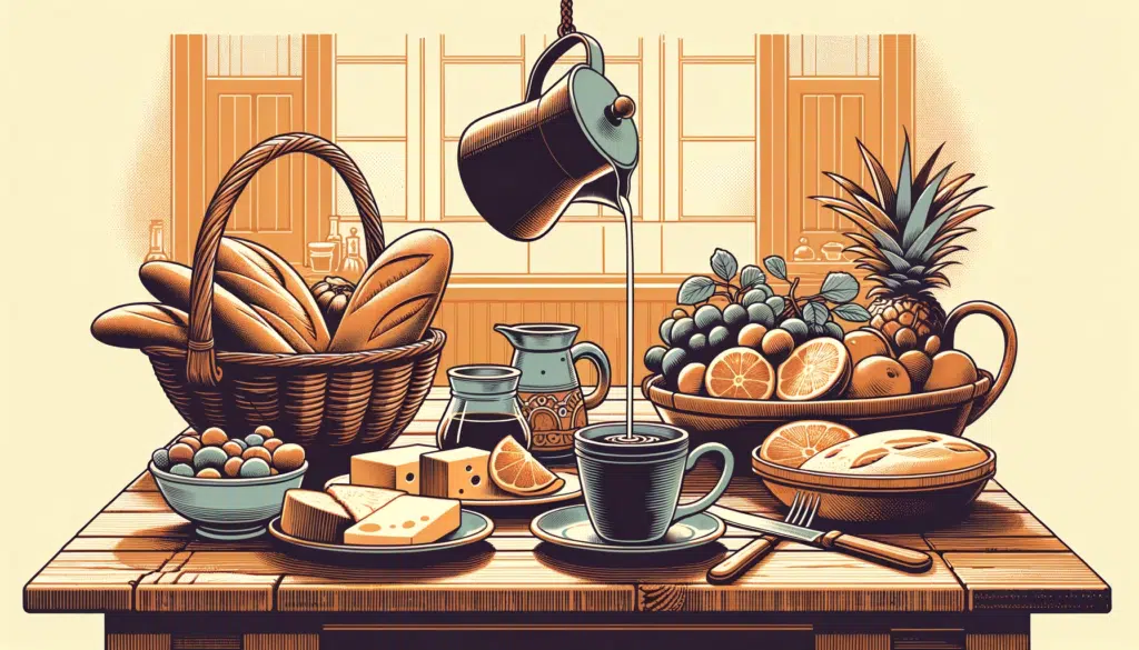 Illustration in a horizontal format of a cozy Brazilian kitchen scene. On a wooden table theres a basket of bread a plate with cheese and cold cuts
