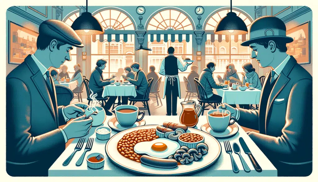 Illustration in a horizontal format of a cozy British cafe scene. At the center is a table with plates serving eggs sausages beans and mushrooms. P