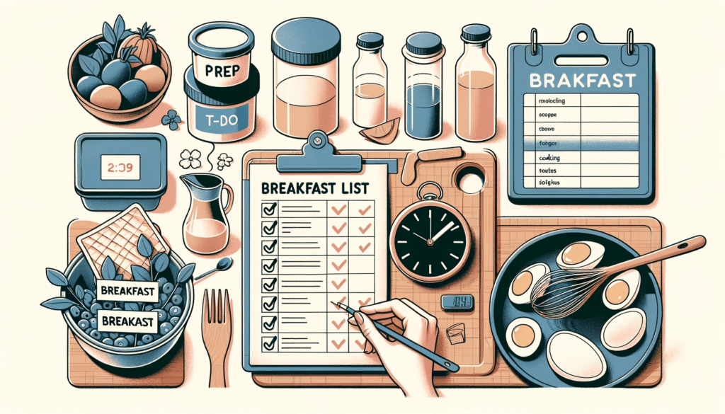 Illustration in a horizontal format of a kitchen counter where someone is preparing breakfast. There are labeled containers for various ingredients a
