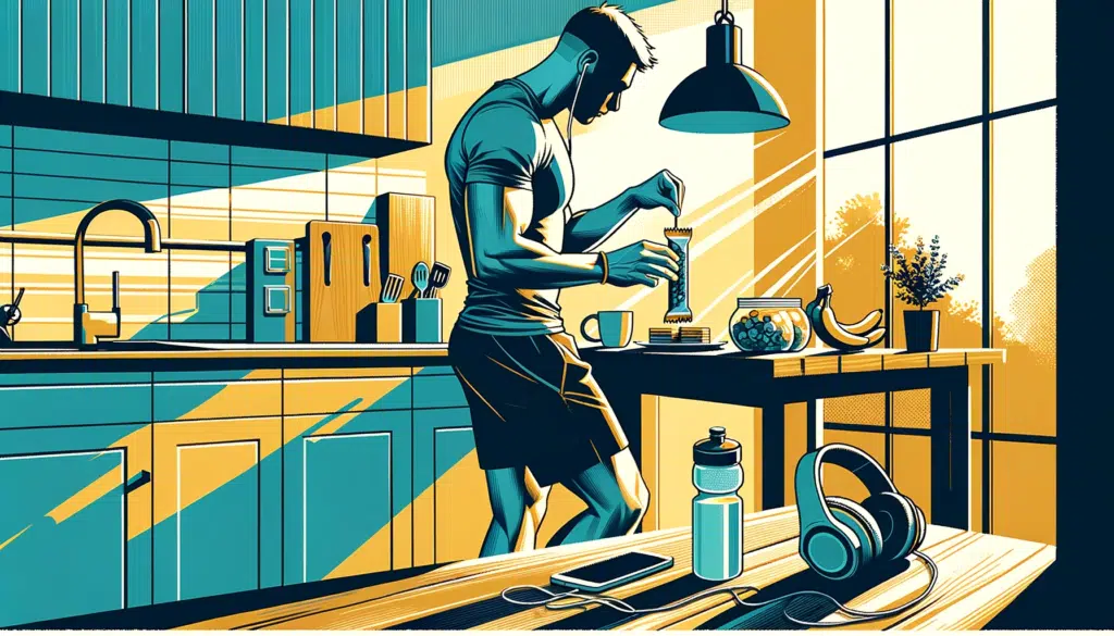 Illustration in a horizontal format of a person in sportswear grabbing a light snack from the kitchen counter. The snack could be a protein bar or a b