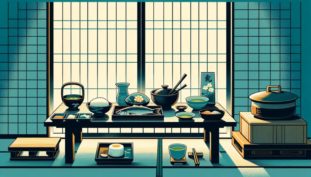 Illustration in a horizontal format of a serene Japanese dining scene. The focus is on a low dining table set with dishes of fish rice and miso soup