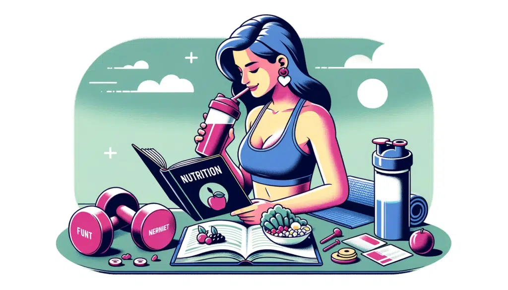 Illustration in a horizontal format of a woman enjoying a nutritious breakfast after a morning workout. Shes sipping on a protein shake while browsin