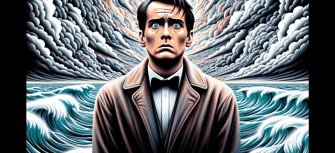 Illustration in the style of a movie poster. A character in the center, depicting clear signs of anxiety, with worried eyes and a tense posture