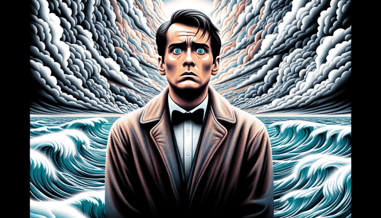 Transtorno de Ansiedade Generalizada: Como Identificar os 4 Sinais Principais 4 Illustration in the style of a movie poster. A character in the center, depicting clear signs of anxiety, with worried eyes and a tense posture