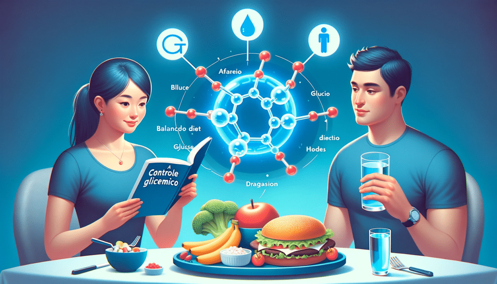 Illustration of a blue tinted glucose molecule structure hovering over a plate filled with balanced diet foods. An Asian female is reading a brochure