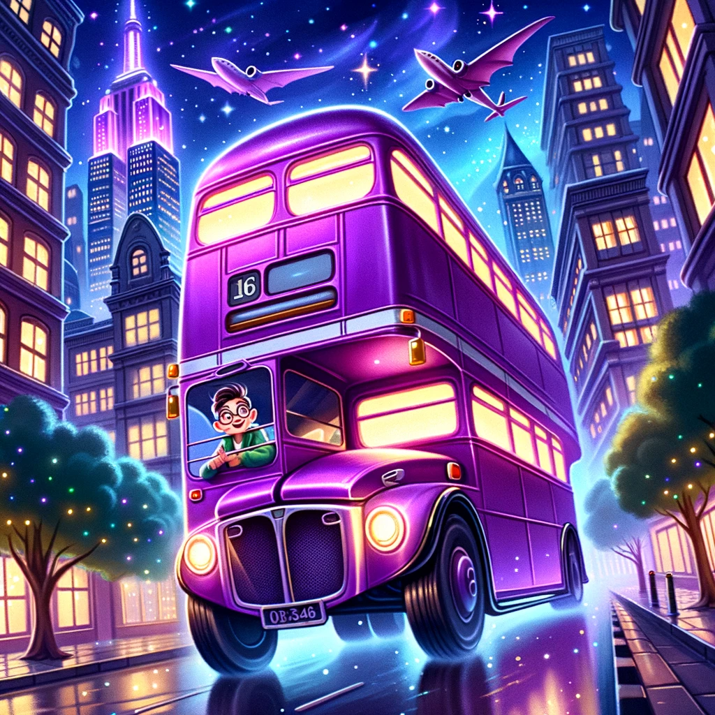 DALL·E 2023-10-15 21.07.06 - Illustration of a bright purple triple-decker magical bus zooming through a city street at night, with a young boy with glasses looking out of the win
