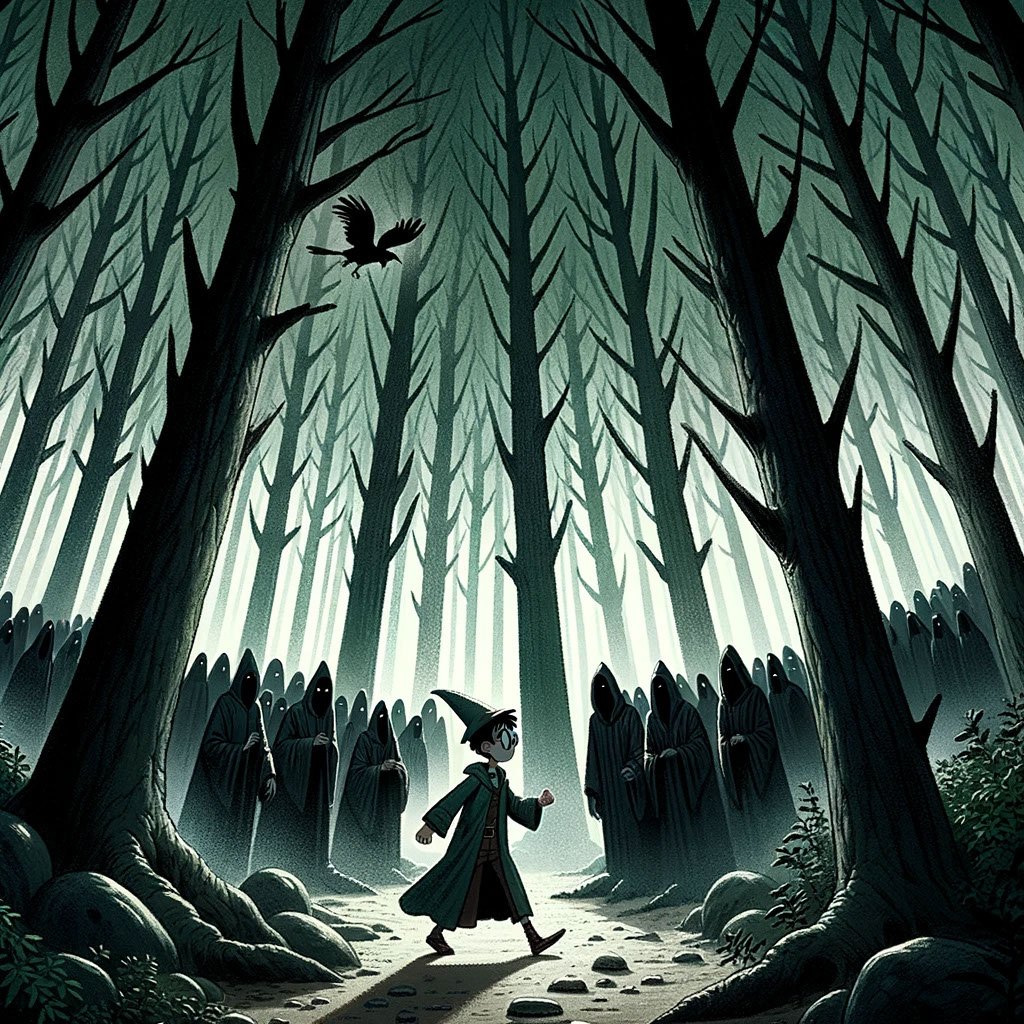 Illustration of a dense, dark forest with tall, shadowy trees, and a young wizard with glasses bravely walking towards a group of dark figures awaitin