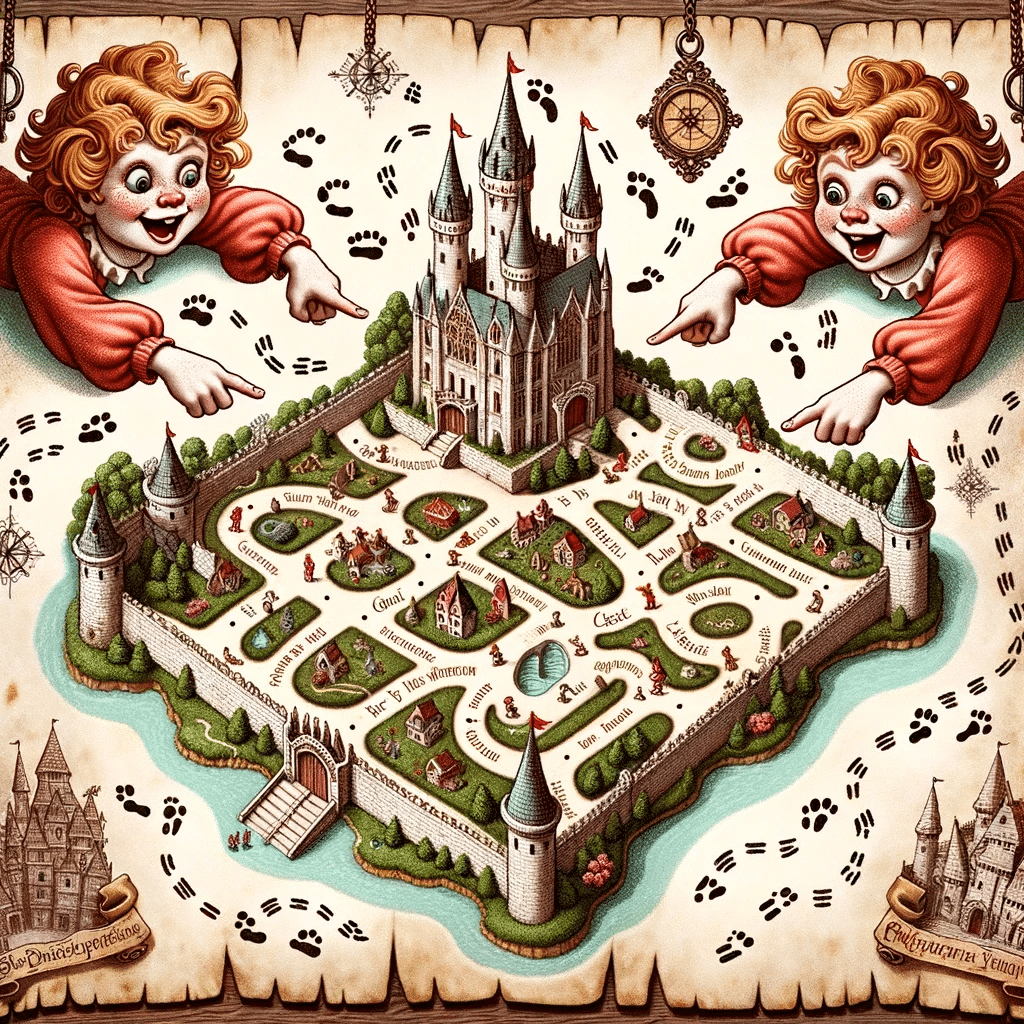 Illustration of a detailed magical parchment map spread out, showing footprints and names moving around a castle layout, with two mischievous twins po