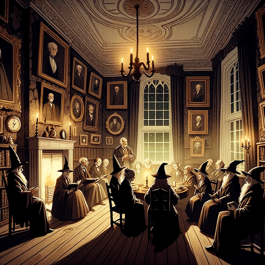 Illustration of a dimly lit old-fashioned living room with portraits on the walls, filled with a group of wizards and witches discussing in hushed ton