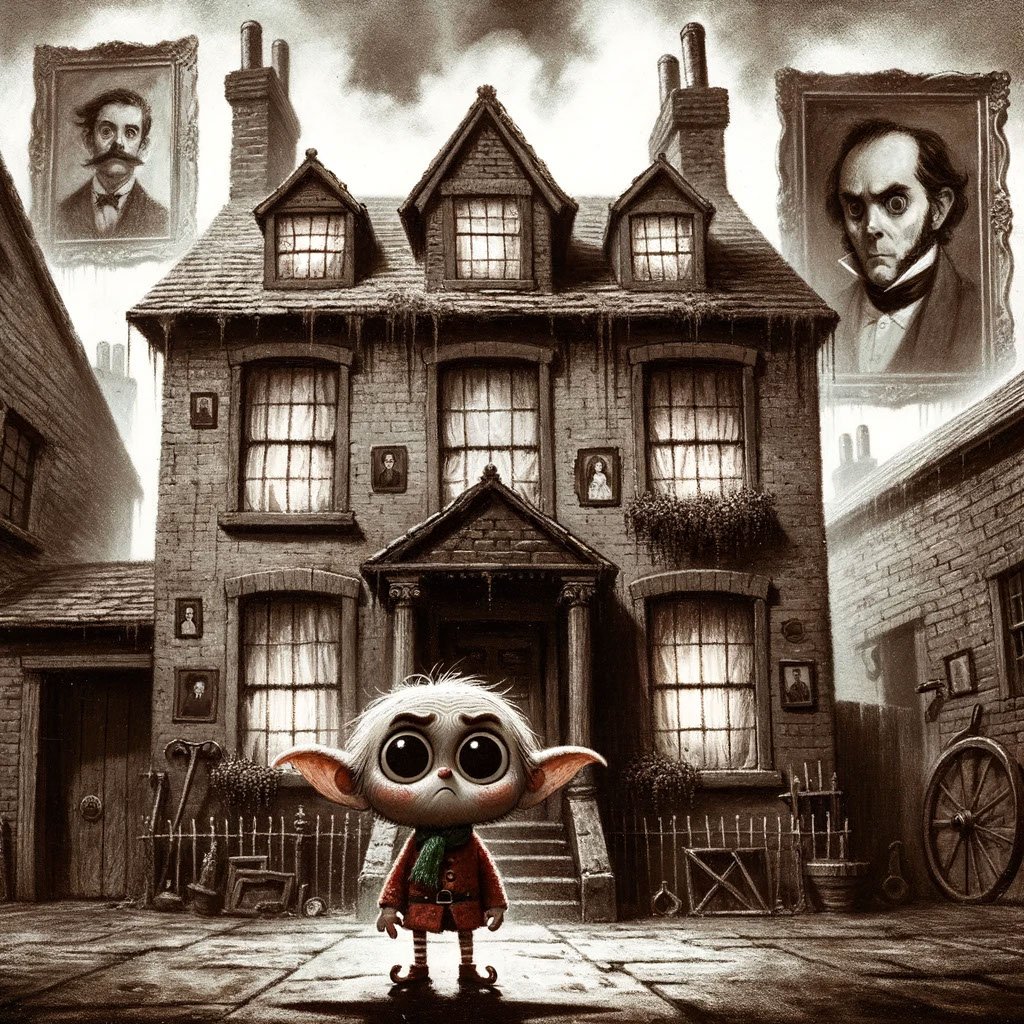 Illustration of a gloomy old house with dusty portraits on the walls and a brave little house elf with big round eyes standing defiantly against i