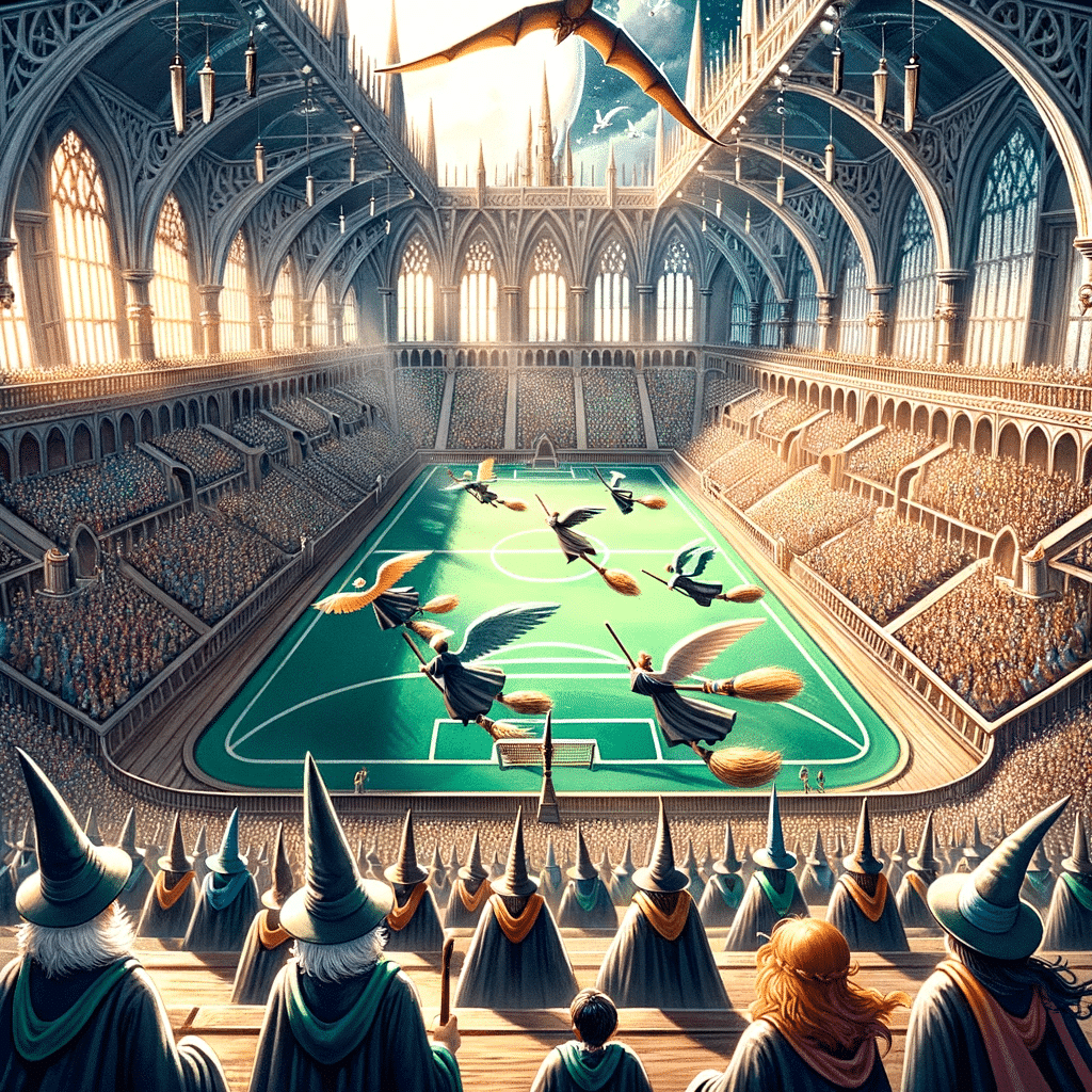 Illustration of a grand magical stadium filled with cheering crowds, watching a fast-paced Quidditch match with players zooming around on flying broom