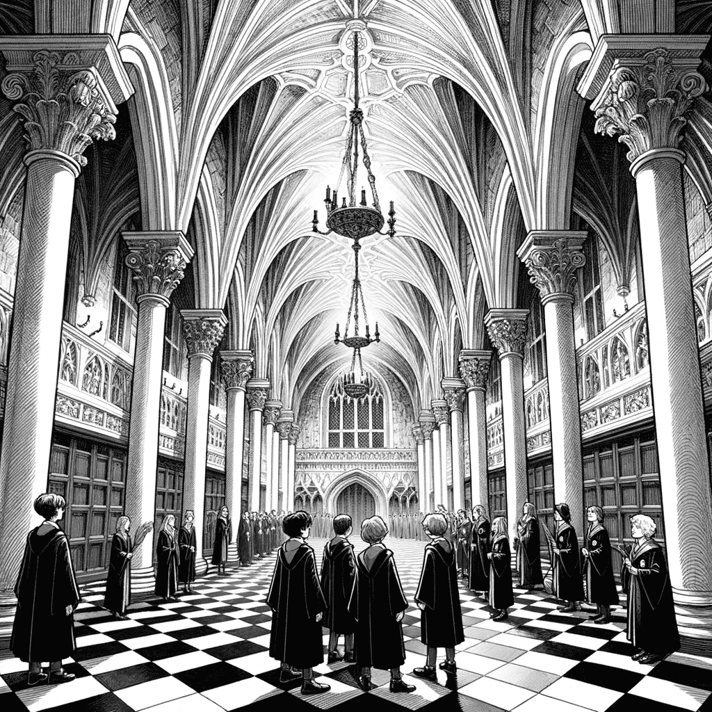 Illustration of a grand, ornate hallway in the Ministry of Magic, with black and white checkered floors, tall pillars, and a group of young wizards lo