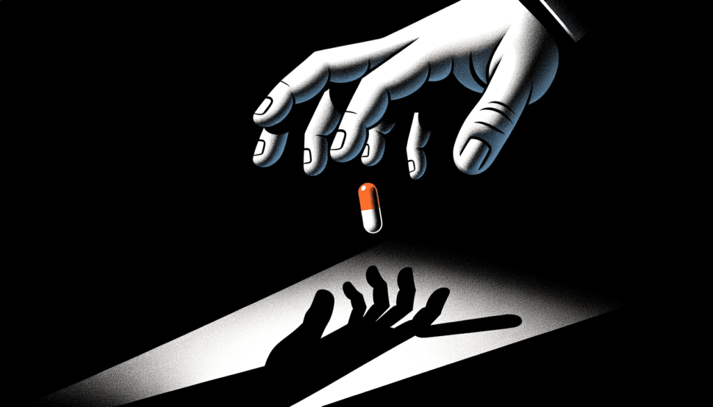 Illustration of a hand reaching out from shadows grasping for a Benzodiazepinicos pill that hovers just out of reach symbolizing the desperation and
