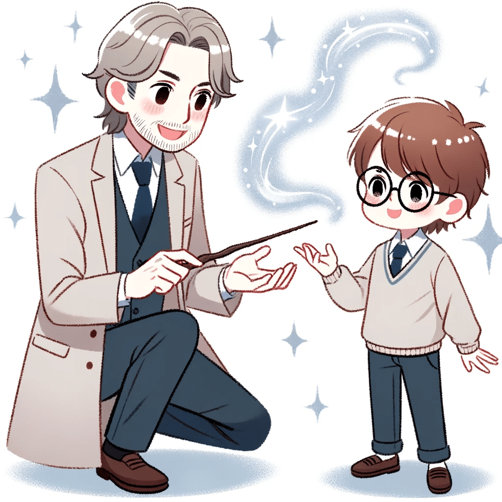 Illustration of a kind-looking man with light brown hair teaching a young boy with glasses how to cast a spell, with silvery mist forming from the boy