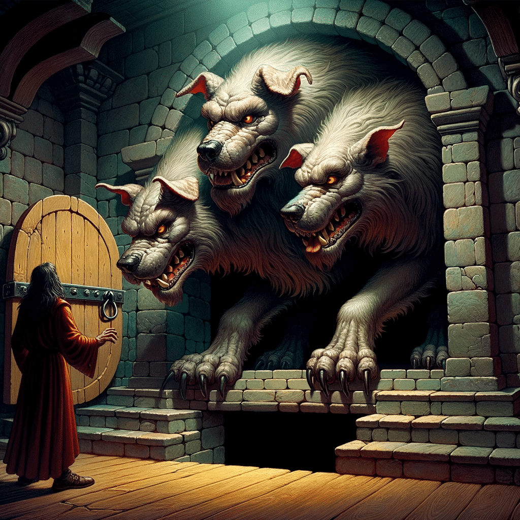 Illustration of a large, menacing three-headed dog guarding a trapdoor in a dimly lit room of a castle