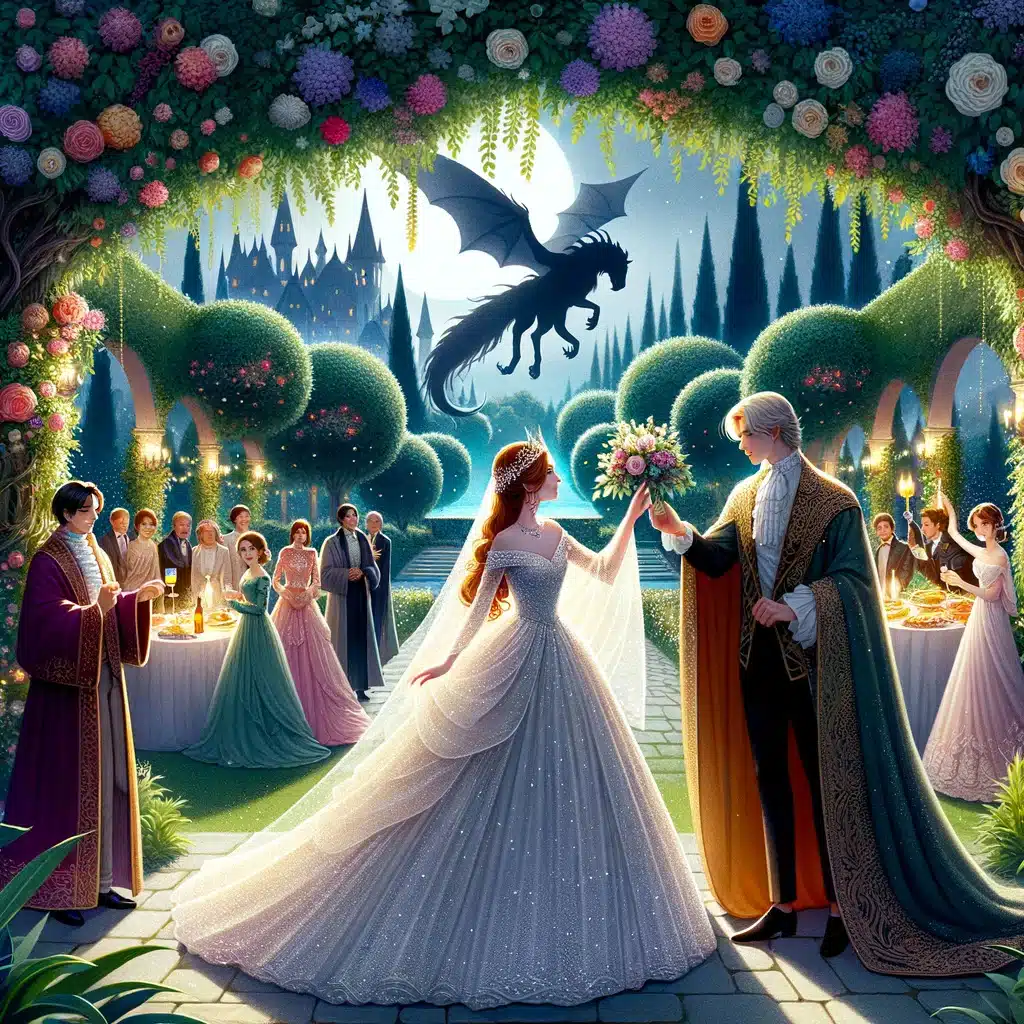 Illustration of a magical garden wedding with a beautiful bride in a shimmering dress and a groom in elegant robes, with guests celebrating, but dark 