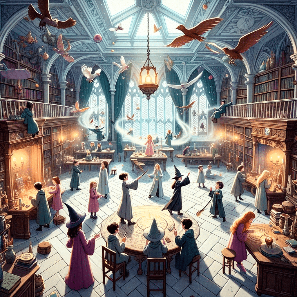 Illustration of a magical room with shifting walls and furniture, filled with young wizards and witches practicing spells and dueling each other