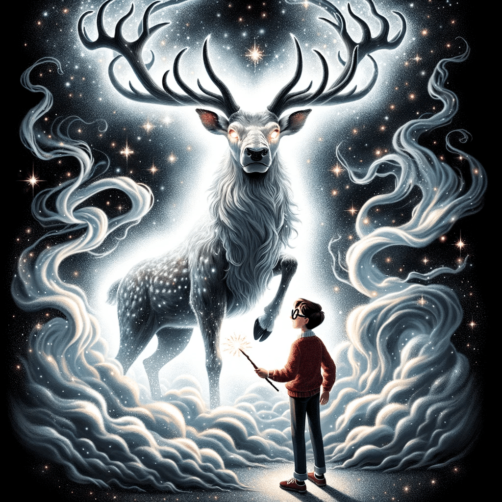 Illustration of a majestic, glowing stag emerging from a silver mist, with a young boy with glasses standing in awe as he holds a wand