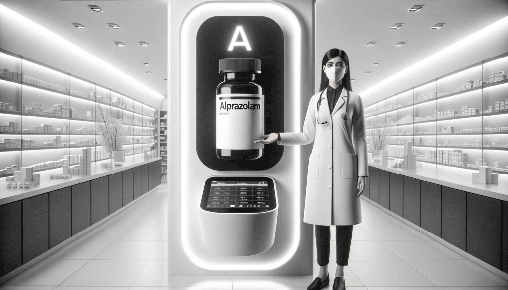 Illustration of a sleek, minimalist modern pharmacy. A female pharmacist of Hispanic descent stands near a high-tech dispensing machine, displaying a