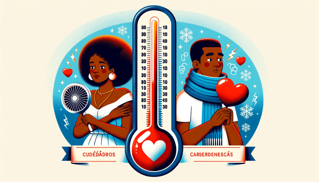 Illustration of a thermometer showing both hot and cold temperatures with a heart icon in the middle. To its left an African female is using a fan to