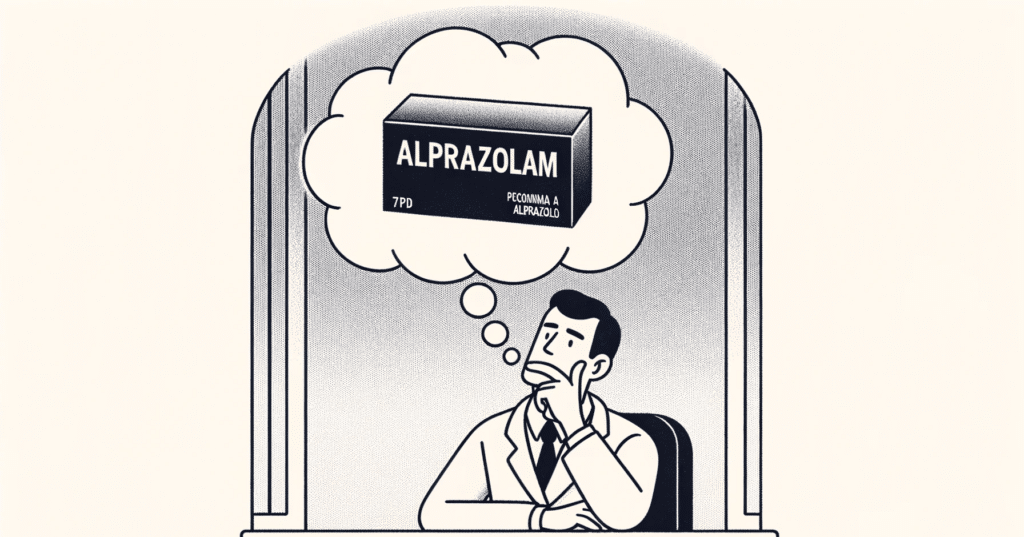 Illustration of a thoughtful Alprazolam individual, possibly sitting at a desk or looking out a window, with a pronounced thought bubble above their head.