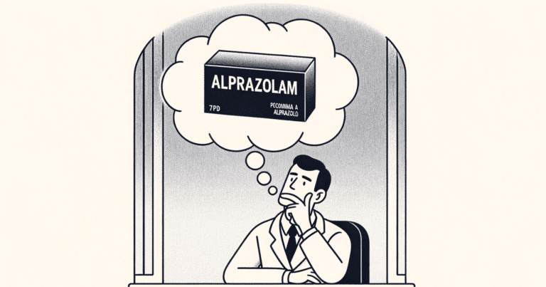 Alprazolam: Para que serve, Como funciona e Efeitos colaterais 11 Illustration of a thoughtful Alprazolam individual, possibly sitting at a desk or looking out a window, with a pronounced thought bubble above their head.
