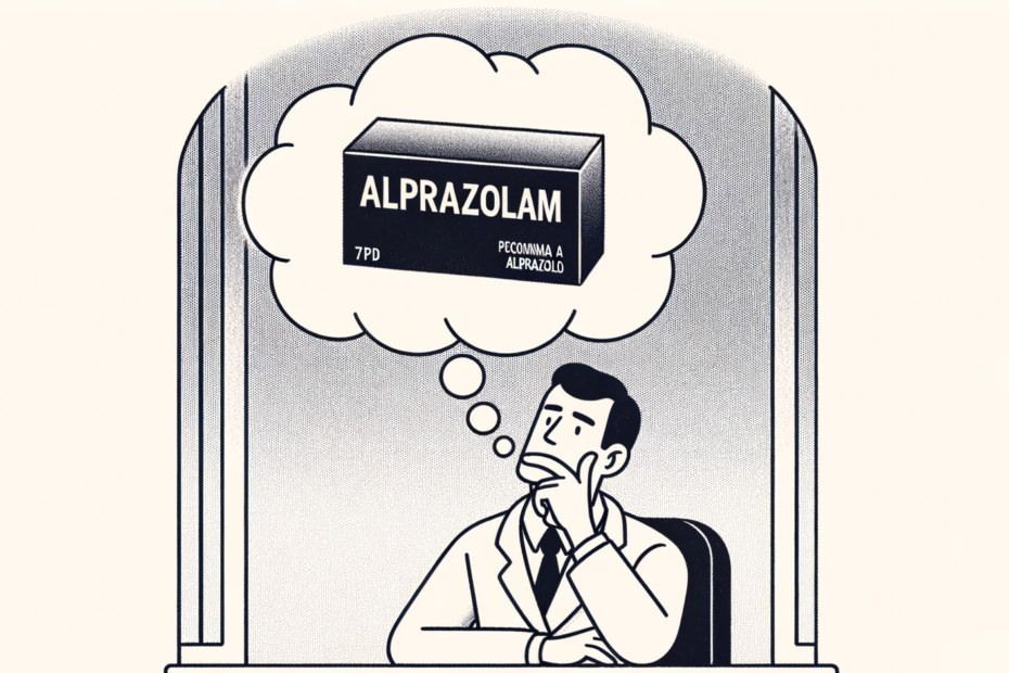 Illustration of a thoughtful Alprazolam individual, possibly sitting at a desk or looking out a window, with a pronounced thought bubble above their head.