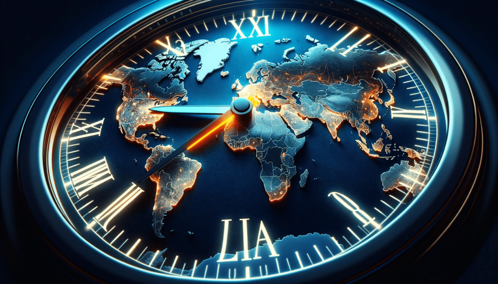 Illustration of a ticking clock superimposed on a world map. The hour hand points to a specific country glowing in ciano suggesting the urgency and h