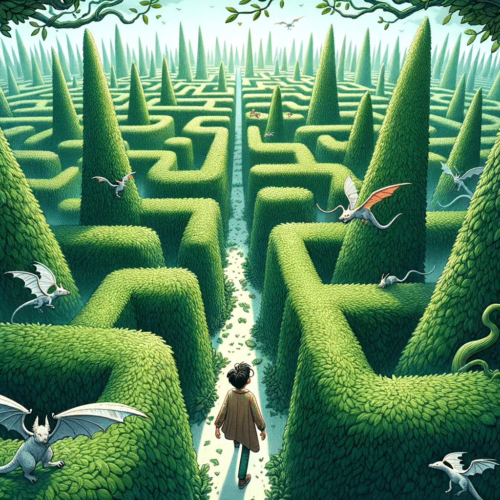 Illustration of a vast magical maze made of tall, thick hedges, with a young boy with glasses navigating through, facing challenges like magical creat