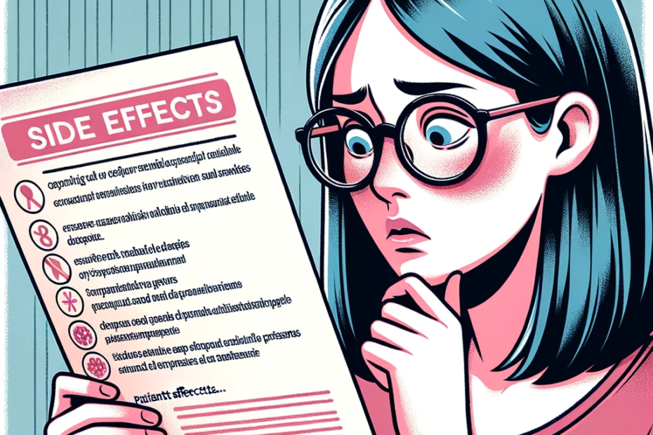 Illustration of a woman with glasses looking closely and anxiously at a paper detailing potential side effects showcasing the need for patient aware
