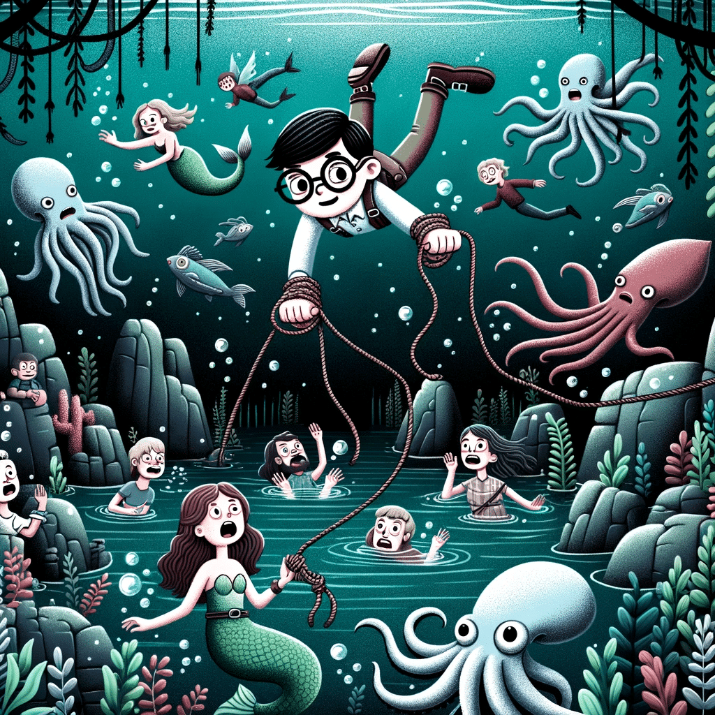 Illustration of a young boy with glasses diving into a dark, mystical lake filled with mermaids, giant squids, and underwater plants, trying to rescue