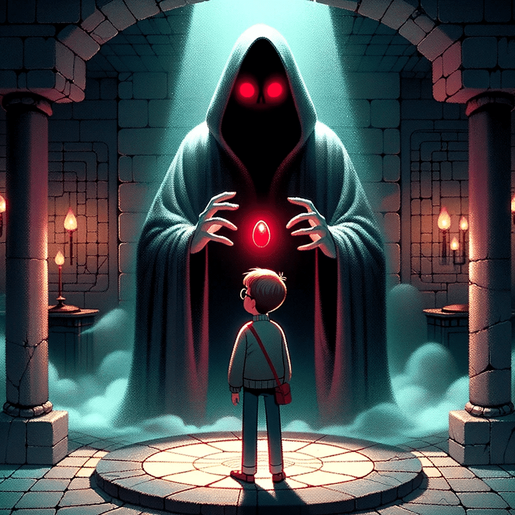 Illustration of a young boy with glasses facing a shadowy figure with red eyes, in a chamber with a glowing stone in the center.png
