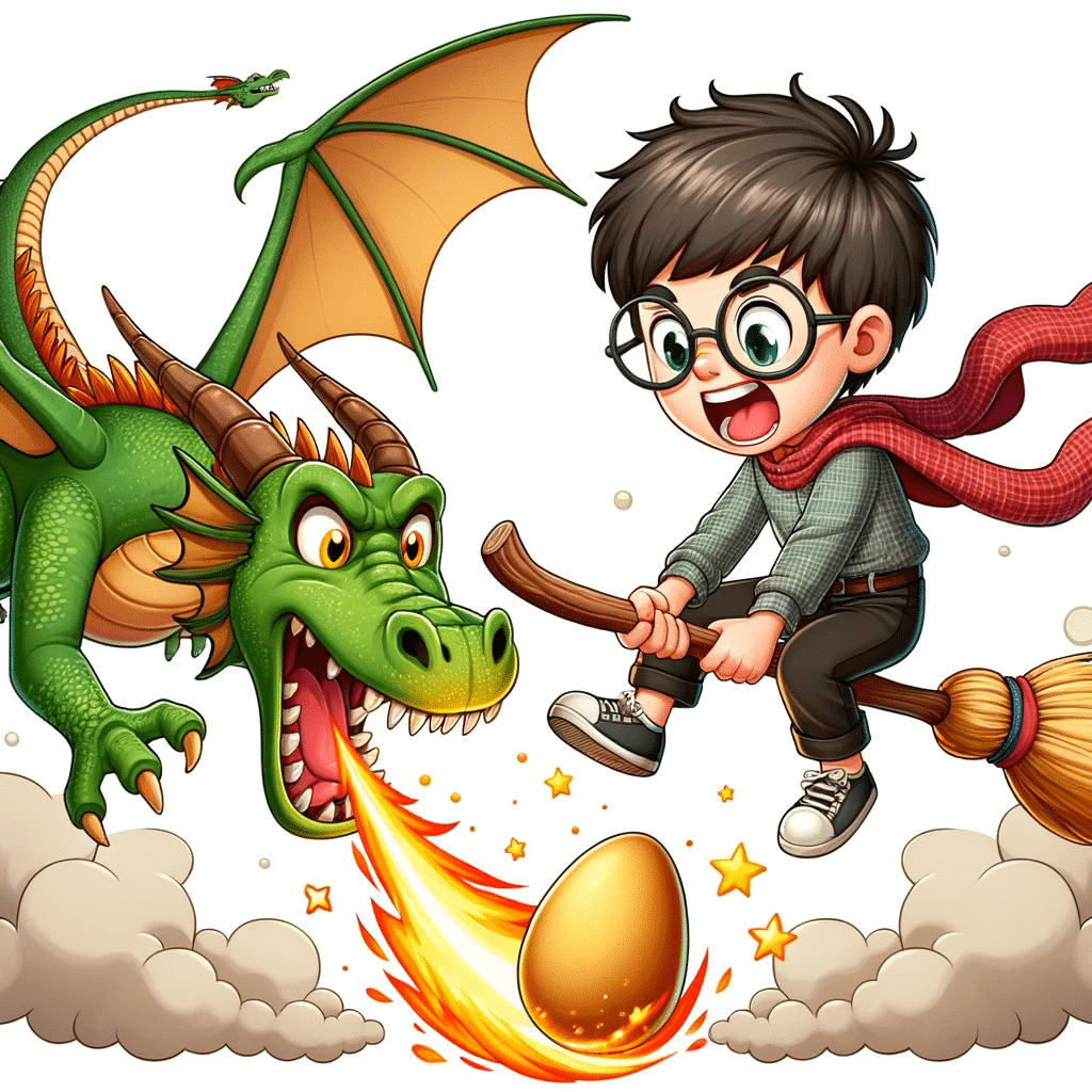 Illustration of a young boy with glasses flying on a broomstick, skillfully evading a fierce dragon breathing fire, trying to get to a golden egg