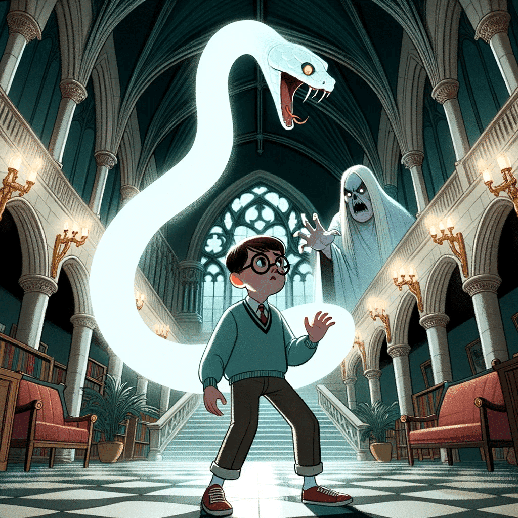 Illustration of a young boy with glasses in a grand chamber, confronting a ghostly figure of a teenage boy, with a giant snake looming in the shadows