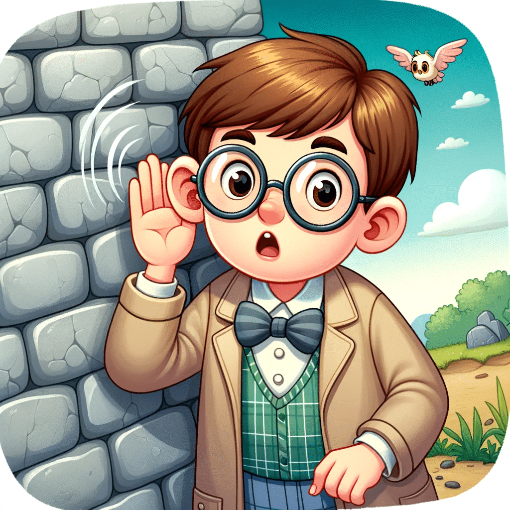Illustration of a young boy with glasses, pressing his ear to a stone wall, with a puzzled look as he hears mysterious whispers.
