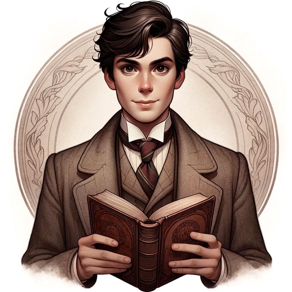 Illustration of a young, handsome boy with dark hair, holding an old diary and looking deceptively charming, known as young Tom Riddle - Harry Potter
