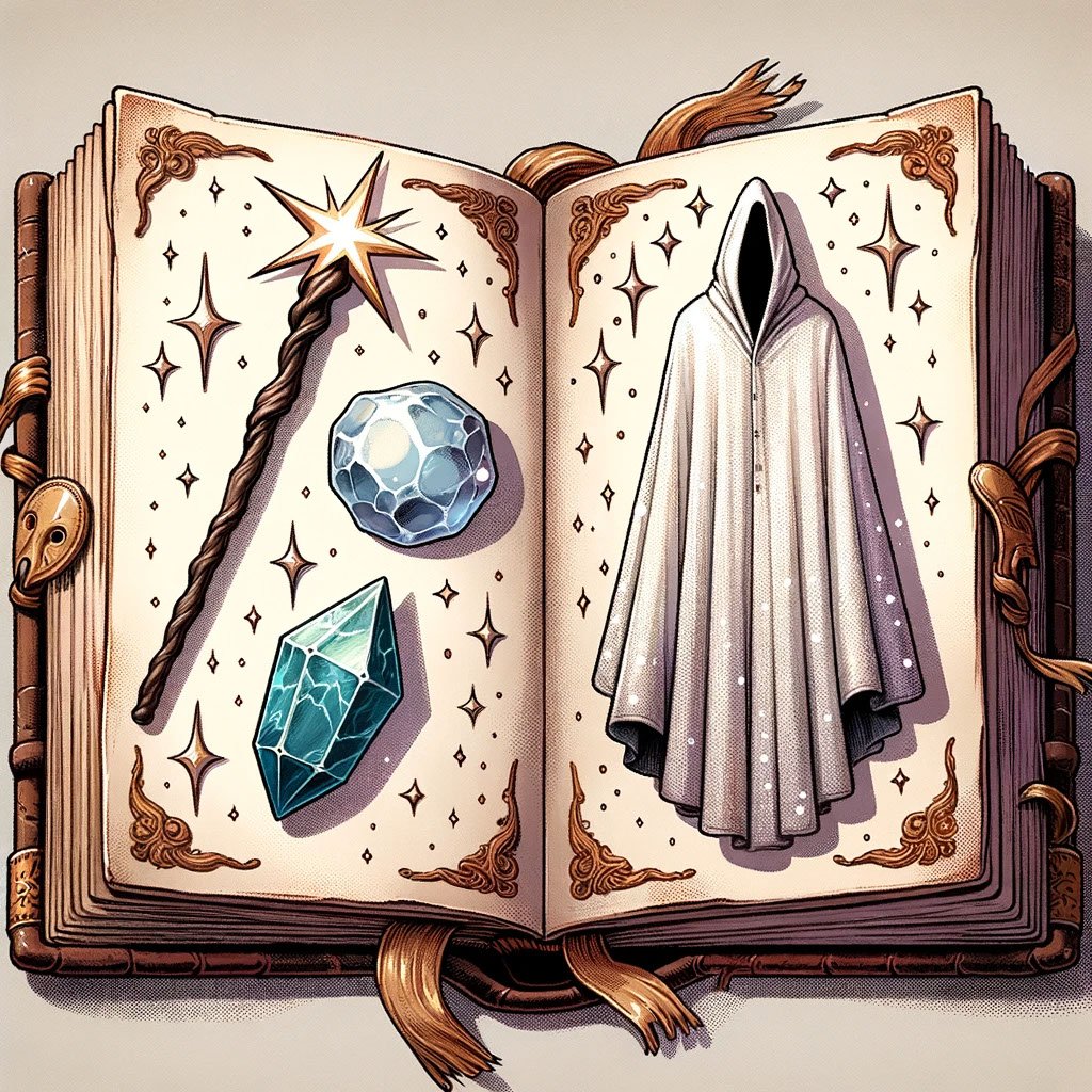 Illustration of an old storybook open to a page showing three mystical items_ a powerful wand, a shining stone, and a silvery invisibility cloak