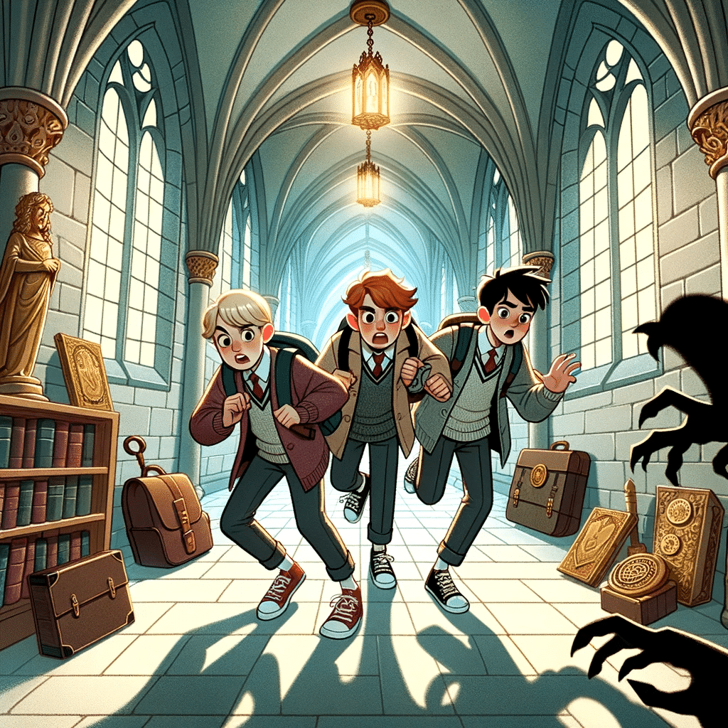 Illustration of three young students sneaking through a castle corridor, with mysterious shadows and magical artifacts around them.