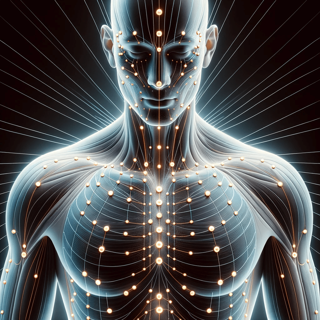 Illustration showing a human body with meridian lines and acupuncture points highlighted indicating the flow of Qi energy and the areas targeted in