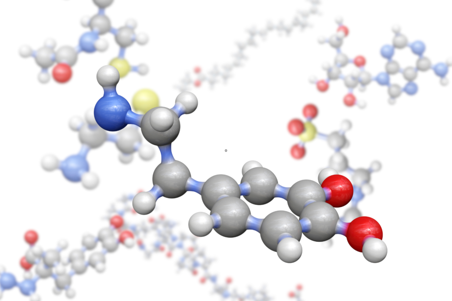 Ilustração colorida de uma molécula de dopamina