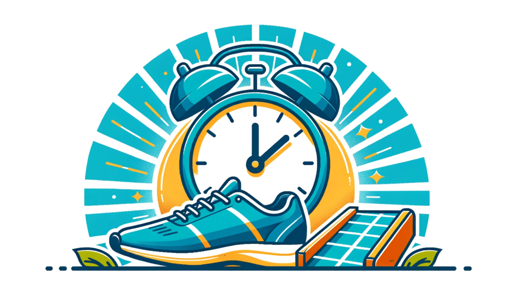 Ilustracao horizontal representando um despertador ao lado de um par de tenis de corrida simbolizando a ideia de exercicio matinal. Ha raios de sol s