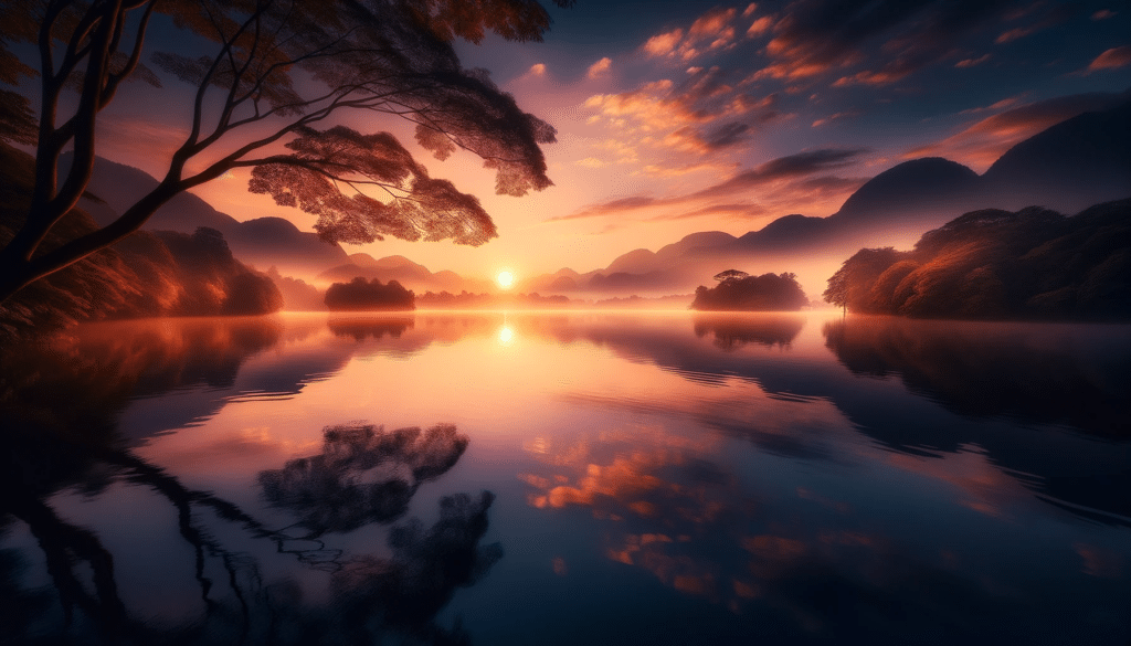 Imagem elegante e realista de um lago tranquilo ao por do sol com reflexos na agua representando calma e uma reflexao profunda sobre a fibromialgia