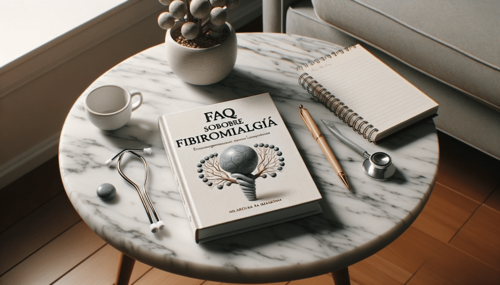 Imagem elegante e realista de um livro aberto intitulado FAQ sobre Fibromialgia em uma mesa de marmore com uma caneta e notas ao lado em um ambien 1