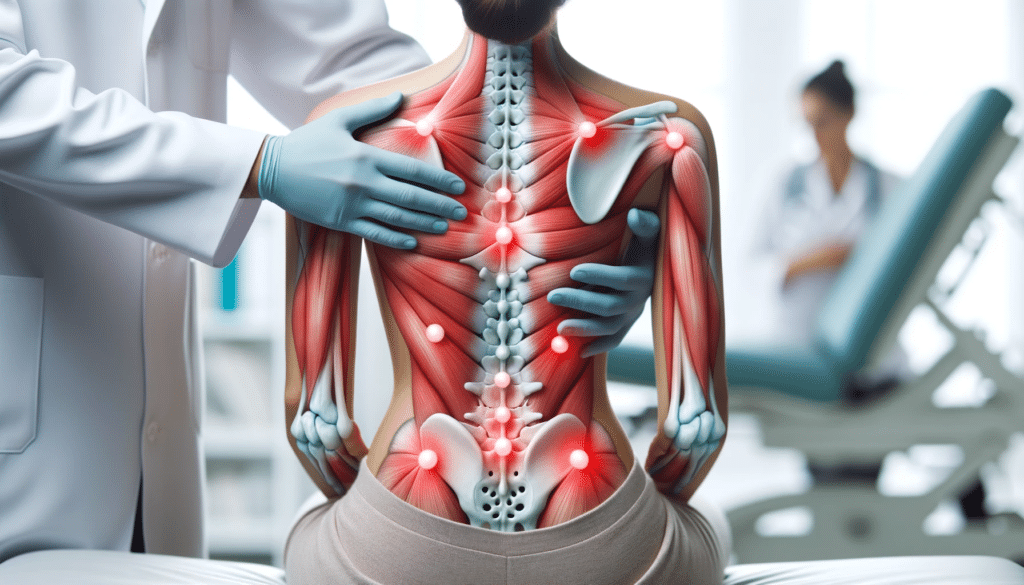 Imagem profissional de maos femininas segurando uma representacao grafica do corpo humano destacando pontos de dor relacionados a fibromialgia em um