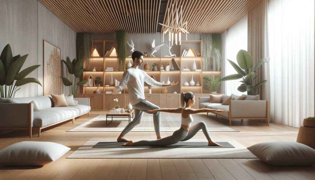 Imagem profissional mostrando um instrutor e um aluno em um estudio de yoga realizando uma sequencia de alongamentos com um ambiente calmo e ilumina 1