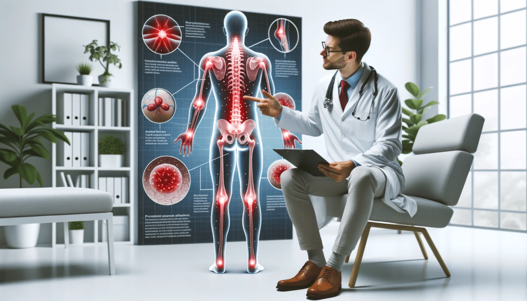 Imagem realista de um medico em um ambiente clinico de design moderno discutindo os sintomas da fibromialgia com um paciente usando graficos e ilust