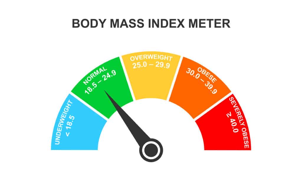 Imagem de um velocímetro estilizado mostrando diferentes faixas de Índice de Massa Corporal (IMC), desde 'Abaixo do peso' até 'Obesidade', para ilustrar visualmente os níveis de saúde associados a cada faixa de IMC