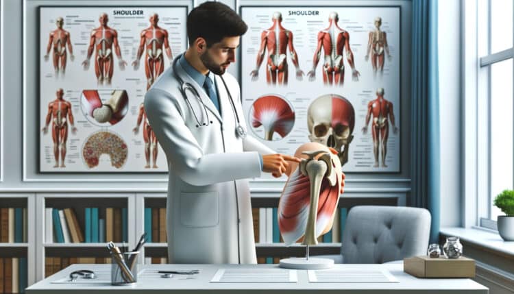 médico apontando uma escultura com anatomia do ombro em seu consultório