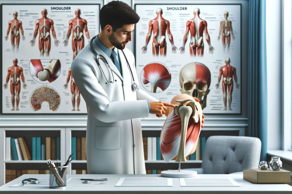 médico apontando uma escultura com anatomia do ombro em seu consultório